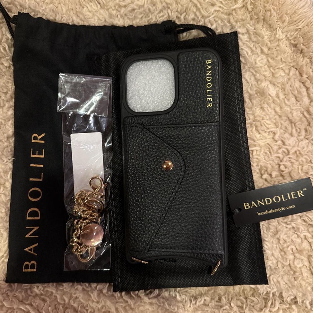 Bandolier Leather iPhone 15 Pro Max case with Gold Wrist Strap